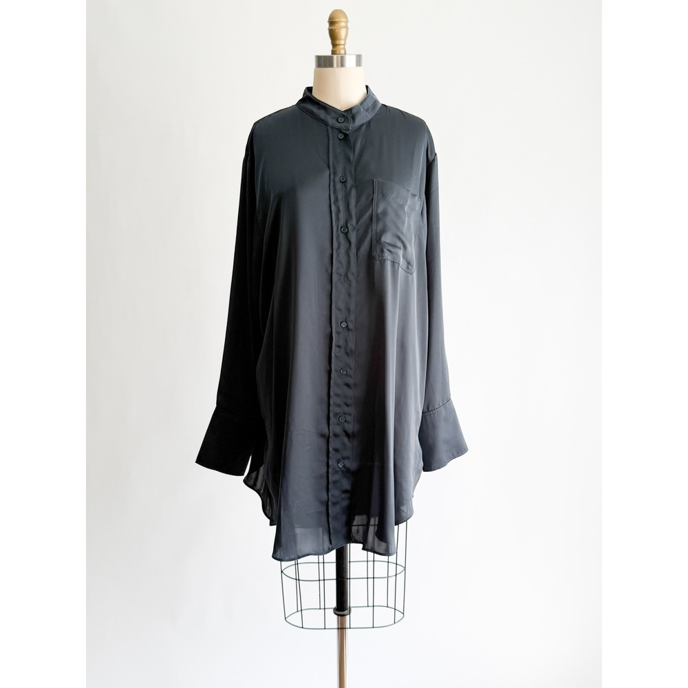 H&M Longline Button Down Shirt Oversized Satin Tunic L Gray Band Collar Hem